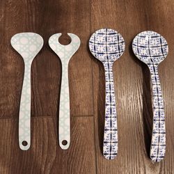 4 melamine salad servers, mix-and-match tile and geometric pattern design, great condition