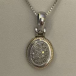 Sterling Silver & 14k Yellow Gold ~1/10CTW Diamond Pendant & Box Necklace Chain