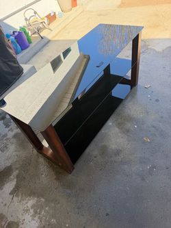 Black Glass TV Stand with Wood Legs