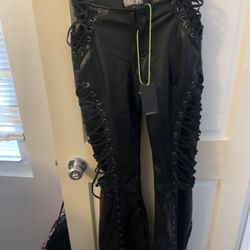 Dolls kills leather, lays flare bottoms