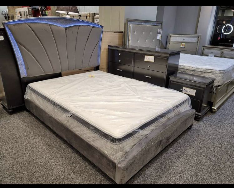 Frampton Gray LED Upholstered Platform Bedroom Set ( Queen, king, twin, full bedroom set bed frame tall dresser, nightstand and chest, mattress opt