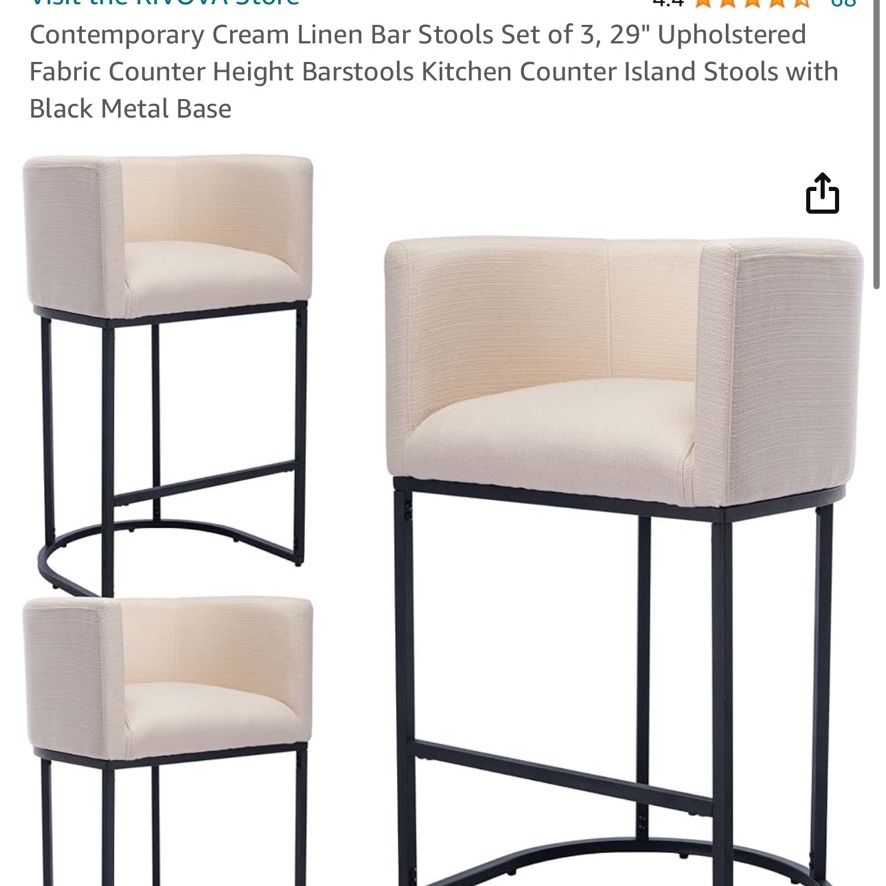 Brand New: Contemporary Cream Linen Bar Stools Set of 3, 24" Upholstered Fabric Counter Height Barstools Kitchen Counter Stools with Black Metal Base