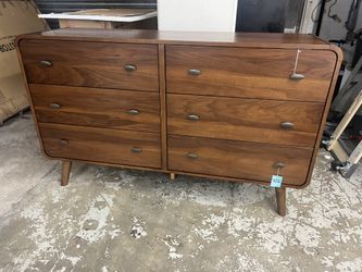 New Mid Century Dresser With Rounded Corners. Pine Wood / Walnut Finish. 190 Lbs. 61” X 17” Deep X 36” High. Free Delivery!