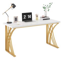  55" Large Modern Computer Desk, White & Gold Luxury Laptop PC Student Table, Makeup Vanity Table with Thick Frame & Strong Legs, Sturdy Wri