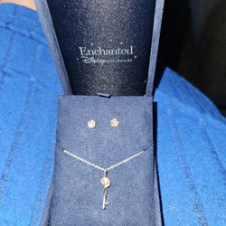 Enchanted Disney Belle Diamond Accent Rose Key Pendant and Stud Earrings Set in Sterling Silver and 10K Rose Gold 19"