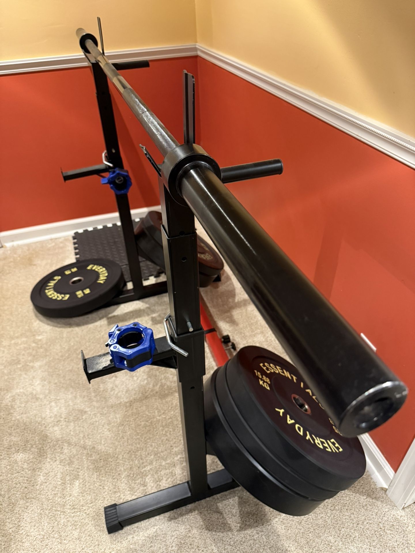 7ft Barbell, Rack, And 210lbs Of Bumper Plates 