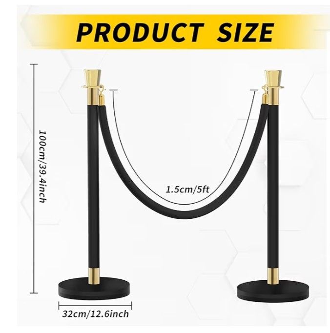 Black Stanchion, 5 ft Black Velvet Rope Red Carpet Ropes and Poles, Stainless Steel Stanchions Post Used for Theaters, Parties, Wedding, Exhibition, 5