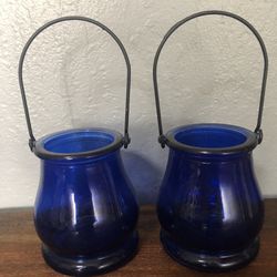 Blue Glass Lanterns, Set Of Two In Decorative Box 