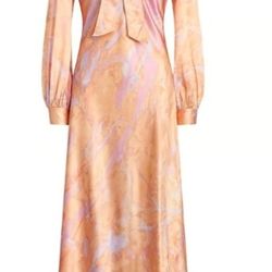 NWD Polo Ralph Lauren Rily 100% Silk Tie Collar Maxi Dress Sz 4 Peach Dye 

