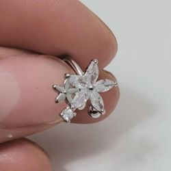 One silver floral flower with rhinestone ear cuff earrings women's gift. 
