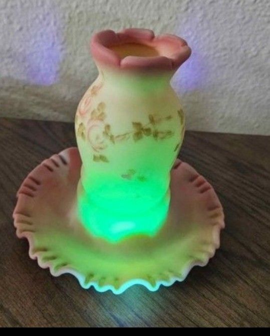 Fenton Burmese roses Fairy Lamp 6 1/2" H 6 1/2" D Fluted & Scalloped Rim