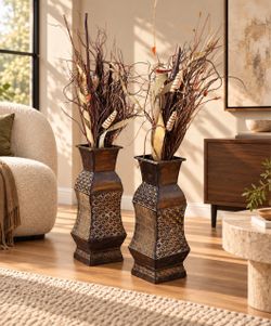 Pair of 52” Tall Tuscan Metal Floor Vases with Dried Floral Arrangements
