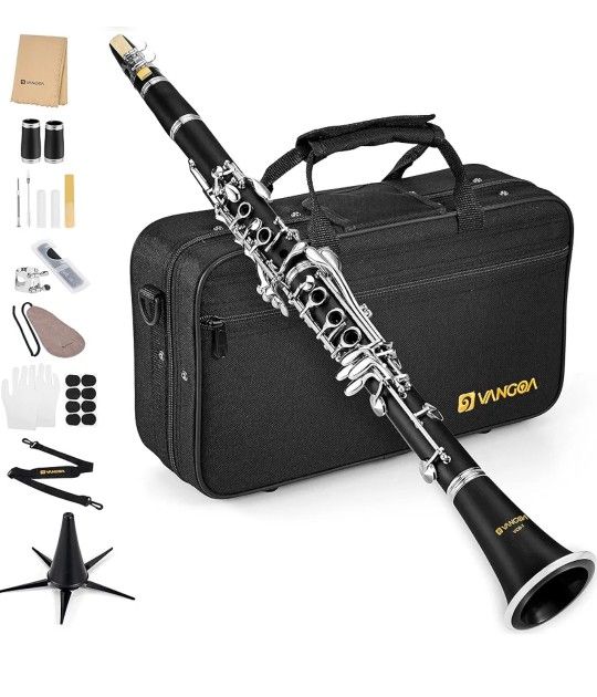 Vangoa Bb Clarinet, B Flat Beginner Student Clarinet Bb Nickel-Plated for School Band Orchestra adult kid with Hard Case, Stand, Cleaning Kit, Barrels
