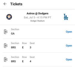 7/5 $150 for 2 Tix & Parking Dodgers Vs Astros