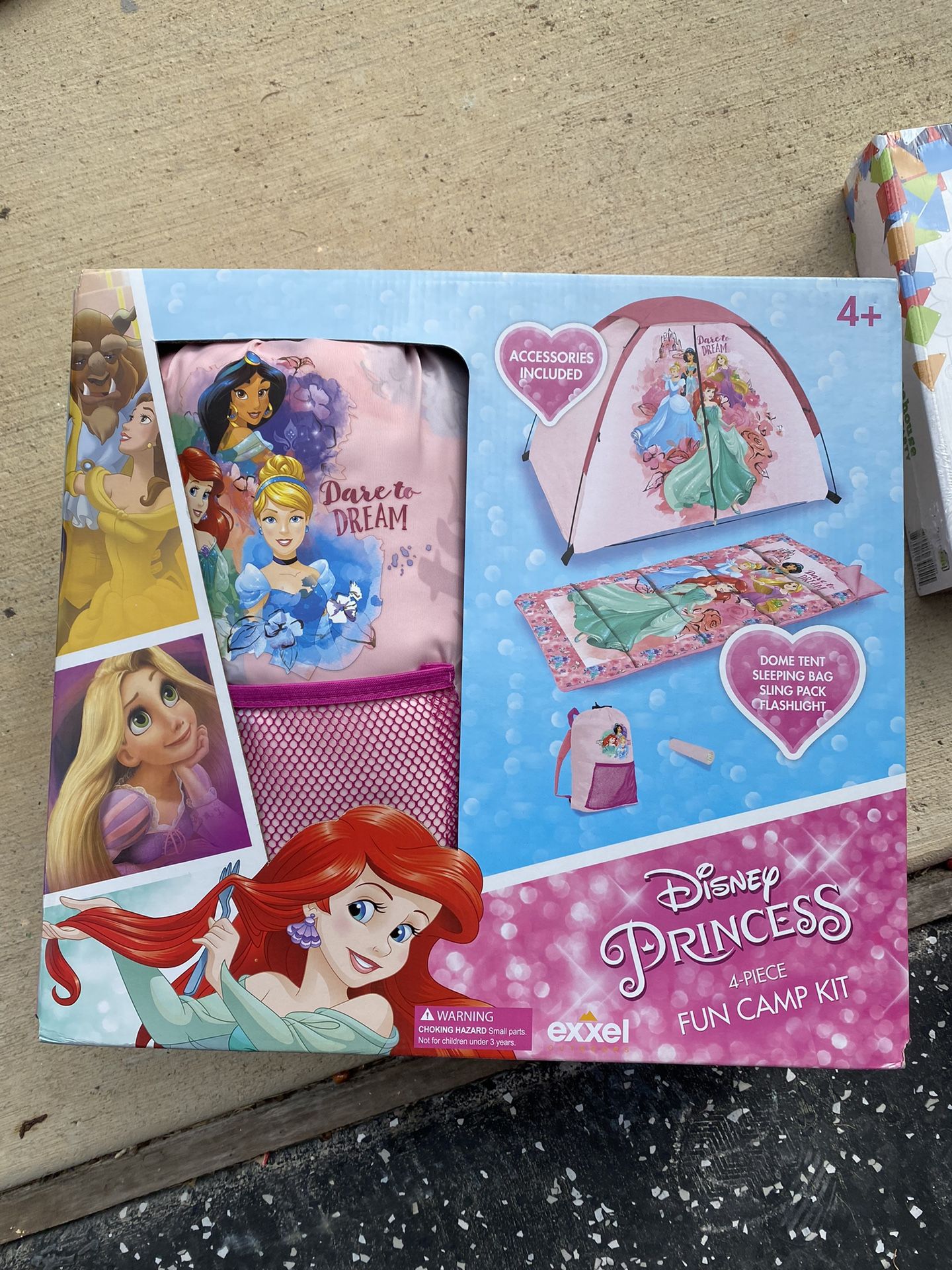 New Disney Princess 4 piece kids camping set includes sleeping bag, dome tent, backpack & flash light  