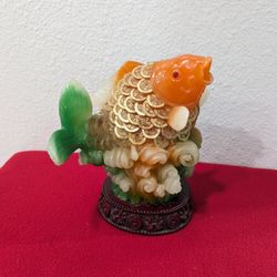 Asian Art Money Gold Fish Resine Orange & Green Statue Figurine  w/ Stand 8 in  Rare Collectible