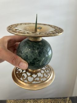 Vintage Single (1) Green Marble Round Orb Sphere & Brass Ornate Heavy Candle Holder table Globe 