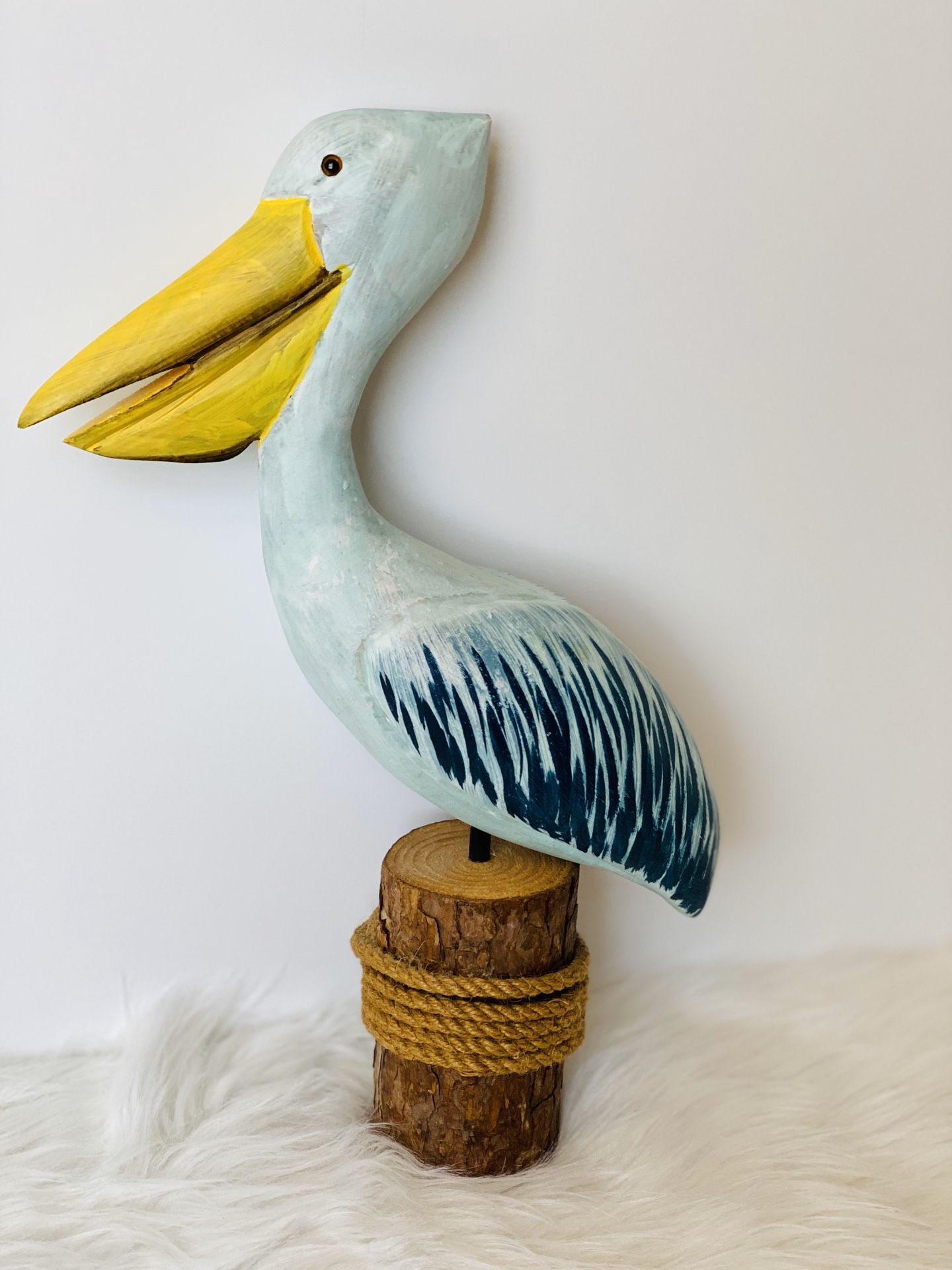 Hand Carved Sculpture Statue Wooden Pelican on Wood Piling, Tropical