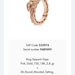 Bvlgari Serpenti 18k Rose Gold Diamond Ring  Size 6.0