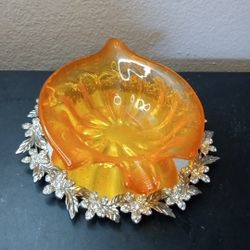 GORGEOUS MCM Murano Italy 7" Bullicante Orange Glass Leaf Ashtray
