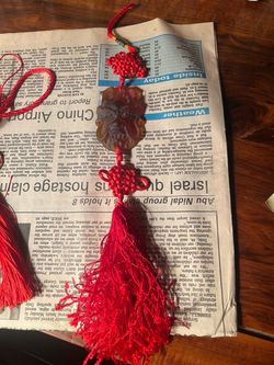 Amber Liuli Glass Dragon Head Car Hanging Ornament with Red Tassel - $8