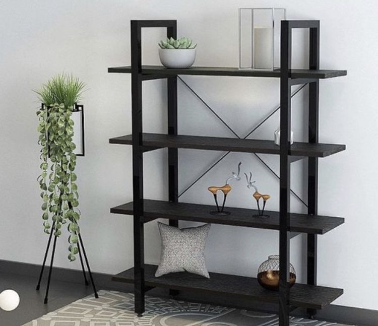 Wood Bookshelf 4 Tier 41Wx12Dx55H Bookcase Solid Industrial Bookshelf, Sturdy Bookshelves w/ Steel Frame Storage Organizer BLACK