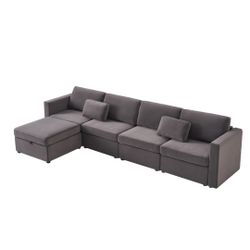 129" Modern Velvet 5 Seats Sectional Sofa, Oversized Upholstery Sectional Sofa, Chaise Couch with Storage Ottomans for Living Room