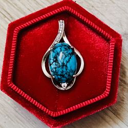 Natural Spiderweb Turquoise Pendant Necklace Handmade 925sterling Silver Ring Deco Diamond Halo 