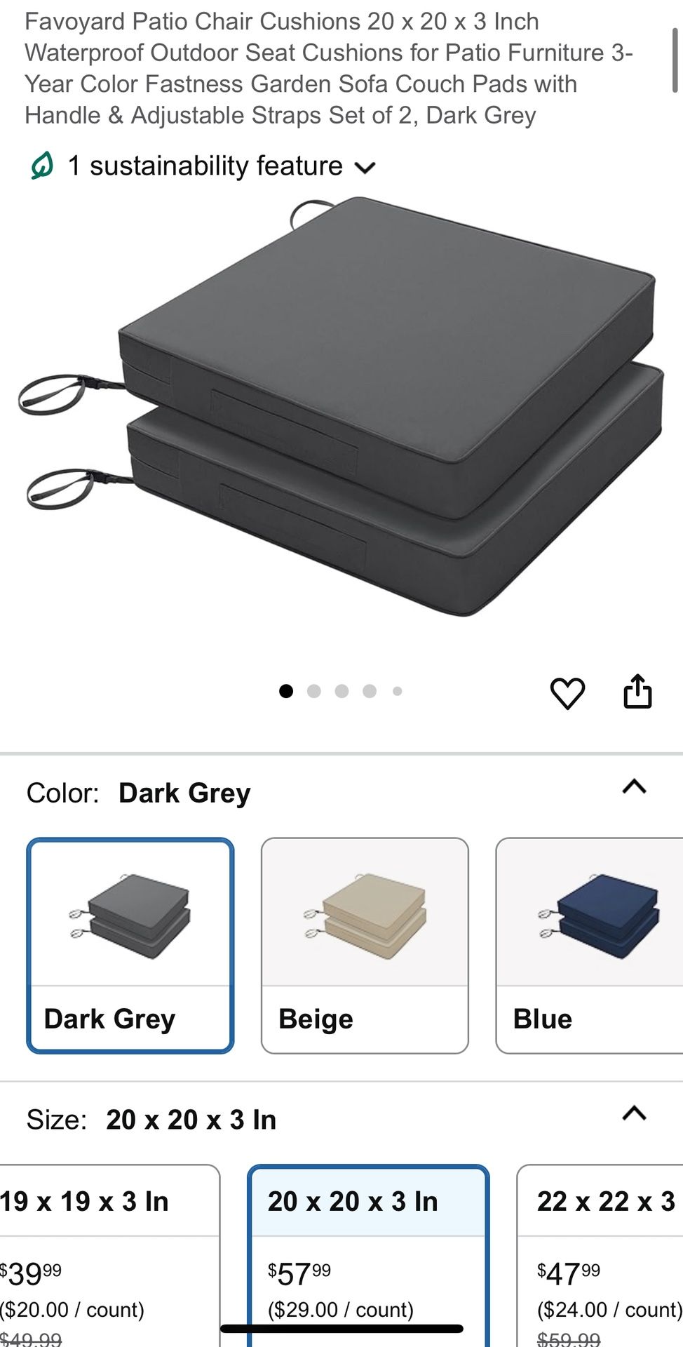 Favoyard Patio Chair Cushions 20 x 20 x 3 Inch Waterproof Outdoor Seat Cushions for Patio Furniture