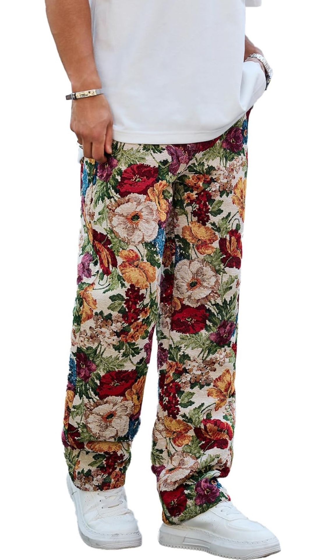 L size Men's Printed Floral Embroidery Drawstring Belt Straight Leg Pants Trendy Retro Fashion Streetwear Slant Pocket Trousers