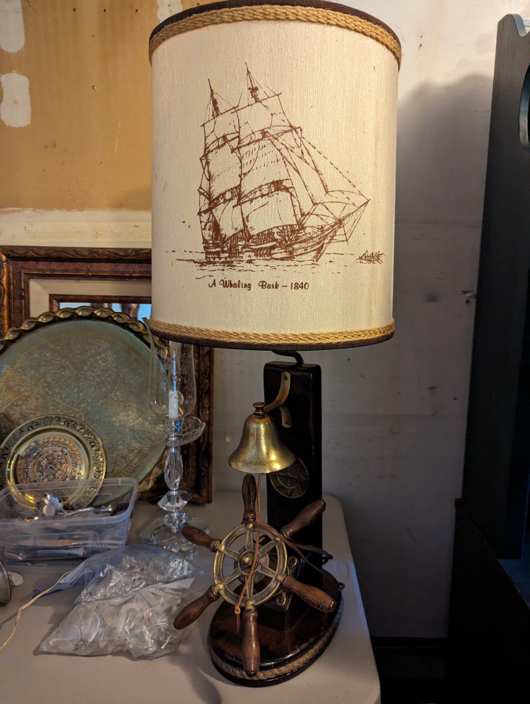 Mid-Century Nautical Ship Wheel and Bell Lamp, Signed With Whaling Bark  1840 Shade - Set of 2