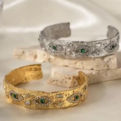 Gold/Silver Bangle Cuff with Malachite Crystal