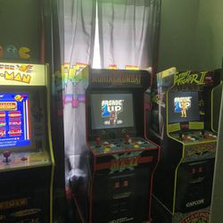 Three New Condition, Arcades With Risers And Graphics And Arcade Curtains Set With Neon  Arcade, Lite With Rug