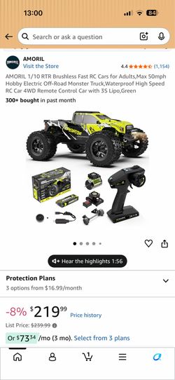 AMORIL 1/10 RTR Brushless Fast RC Cars for Adults,Max 50mph Hobby Electric Off-Road Monster Truck,Waterproof High Speed RC Car 4WD Remote Control Car 