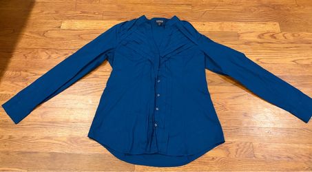 Express Essential Stretch Blue Button Up Blouse Size Medium