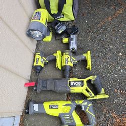 RYOBI 18V SET , DRILL , IMPACT DRIVER, SAWZALL  CHARGER AND 18V 4AH BATTERY 
