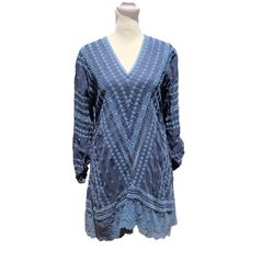 Johnny Was Blue Embroidered Eyelet Floral Long Sleeve V-Neck Tunic Blouse