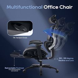 Ergonomic mesh office chair with footrest, computer desk executive chair with high backrest and wide headrests and adjustable 3D arms, backrest, tilt 