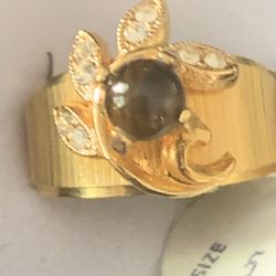 14k Heavy Gold Electroplated Ring W/ Tigers Eye And Clear Stones Sz. 5