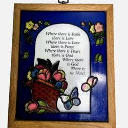 Vtg Stained Glass butterfly flower Window wall Art Hanging Panel Wood Framed