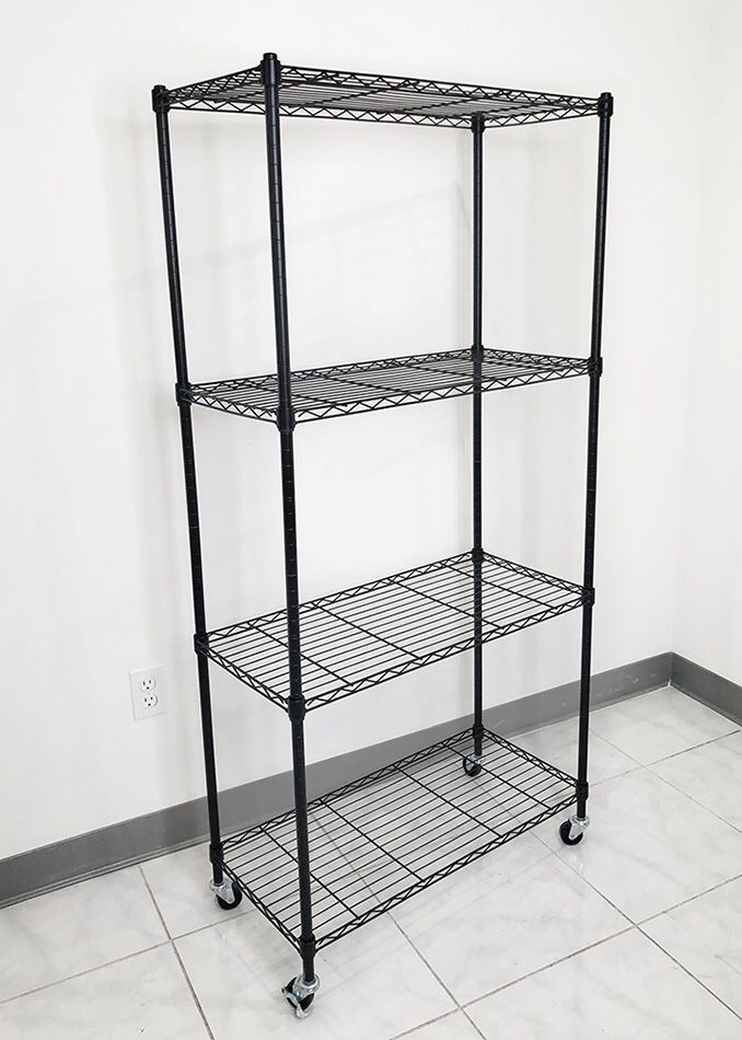 Brand New $50 Metal 4-Shelf Shelving Storage Unit Wire Organizer Rack Adjustable w/ Wheel Casters 30x14x61”
