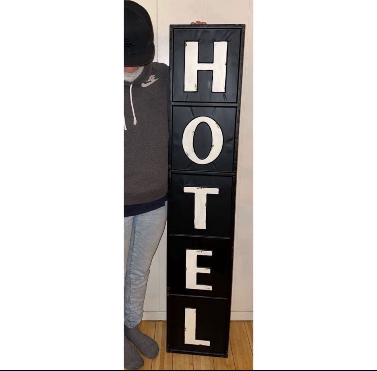 NEW Huge Hotel Metal Sign Embossed 59” x 12” Large Tall Sign Dark Blue Rustic Vintage Style Hanging  Farm Ranch Room Decor