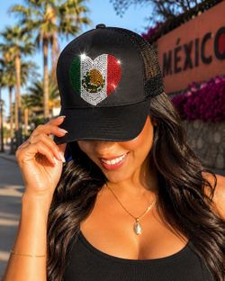 México trucker hat woman heart blinged out