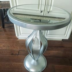 Silver Metal Mirrored Top Table, Top Needs Tightening,  Sold As Is