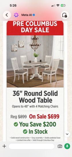 Pre Columbus Day sale Solid wood 36 round opens up to 48 with 4 matching chair regular $899 on sale $699