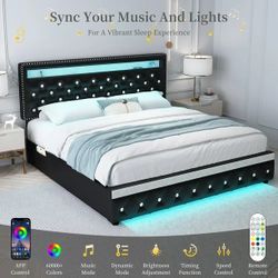 Open box- PU Leather Black LED Bed Frame with Adjustable Headboard and 2 Drawers Pockets, Queen