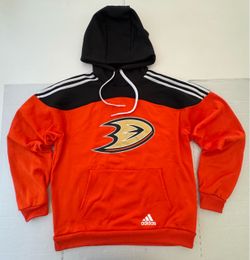 Pre Owned Excellent  Adidas Aeroready  Anaheim Ducks NHL Hoodie Sweatshirt  Printed Orange Black Gold Men  Size Small
