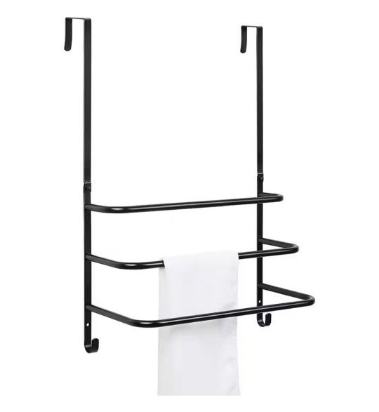 Over The Door Towel Rack Bathroom 3-Tier Towel Bar with Hooks, Black