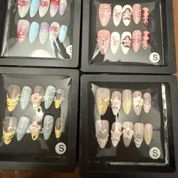 Small Press On Nails - Handmade 3D False Nails Long Almond 10 Pcs ReusableABS Material Finger Painting Nail Tip French Salon Design- S size