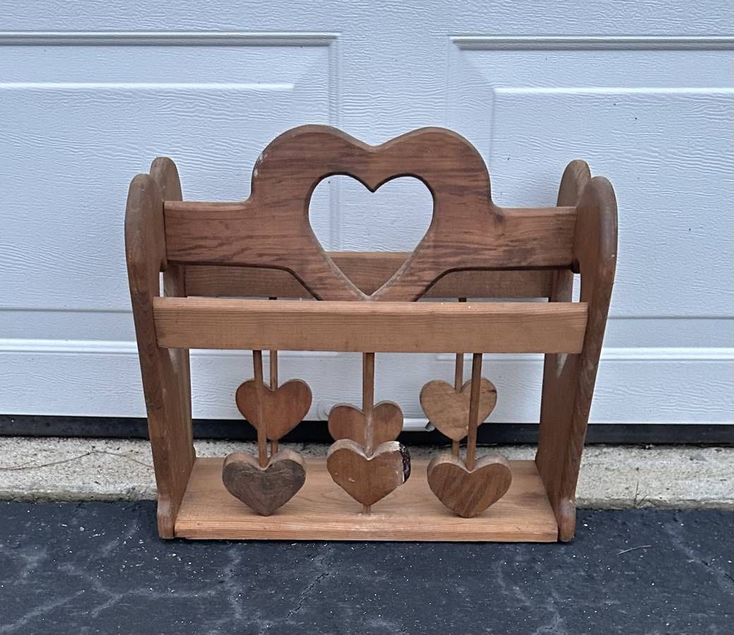 Antique Solid Wood Love Heart Magazine Rack